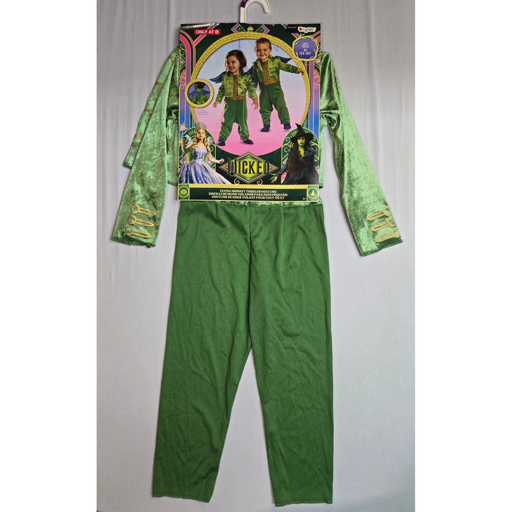 Wicked Movie Flying Monkey Toddler Costume Disguise Green Jumpsuit Wings 3T-4T